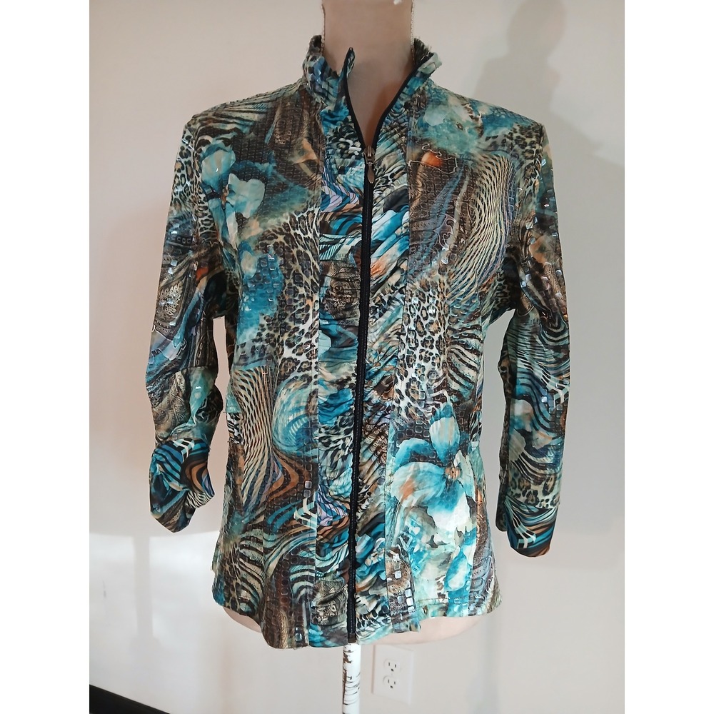 Toni Morgan Womens Large Turquoise Animal Floral Print Zip Shiney Jacket Bold